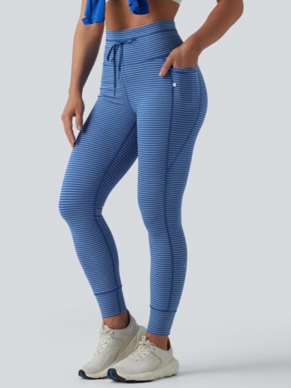 Halara Blue & White Striped High Waisted Drawstring 7/8 Leggings Size L